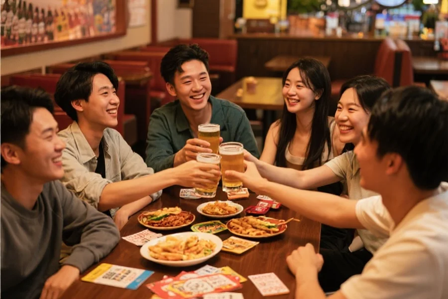 一群朋友在餐厅里围坐一桌，举杯畅谈，桌上摆着彩票和小吃，气氛轻松愉快