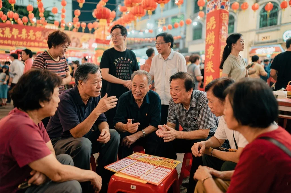 一群澳门本地居民在节日期间围坐一起,热烈讨论六合彩号码,体现社区交流与文化氛围